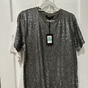 DUO of DKNY Sequin Tops - White & Army Green